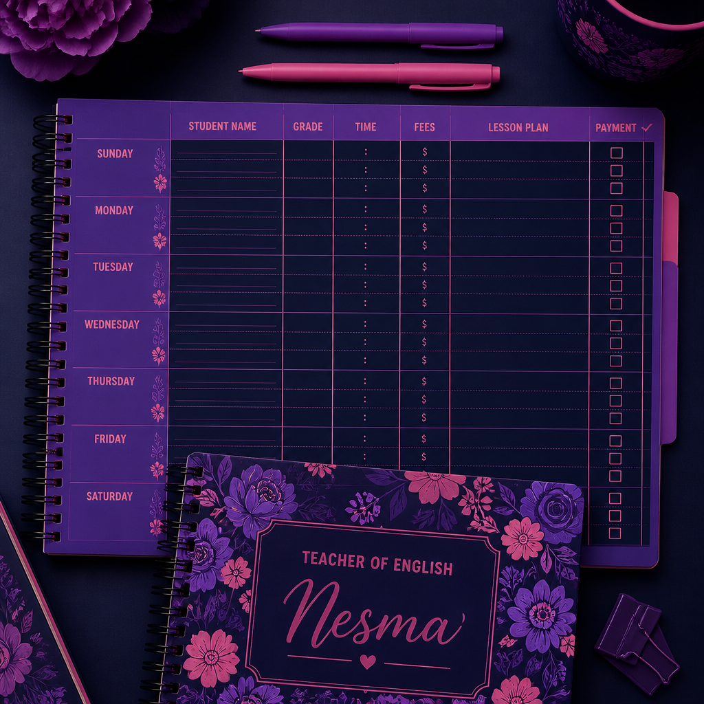 I want a notebook for my private lessons
Put me the days starting from Sunday
Put all the details like
The name of the students
The fees
The time
The lessson plan
The grade
Check list for the payment
Make the cover with colored flowers and the word teacher of English Nesma
Put the days on the left please and the other items on the top