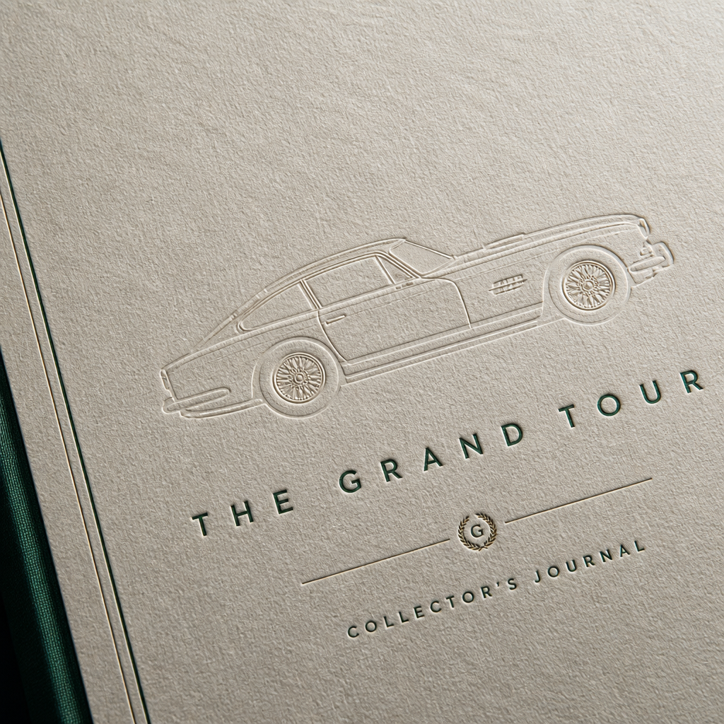 A premium linen-bound collector’s journal featuring a blind-debossed minimalist silhouette of a 1960s vintage grand tourer, captured in a sophisticated 45-degree hero shot atop a dark walnut desk. The color palette centers on racing green, cream, and brushed gunmetal, with the book's title rendered in a sharp, spaced-out sans-serif letterpress across the lower third. Soft, moody side-lighting highlights the tactile grain of the paper and the subtle metallic foil accents on the spine. The composition is clean and architectural, evoking a sense of heritage, mechanical precision, and quiet, high-end masculinity in a museum-grade editorial style.